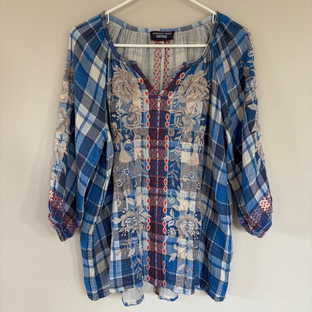 JOHNNY WAS Workshop Blue Floral Plaid Gauze Blouse (S)